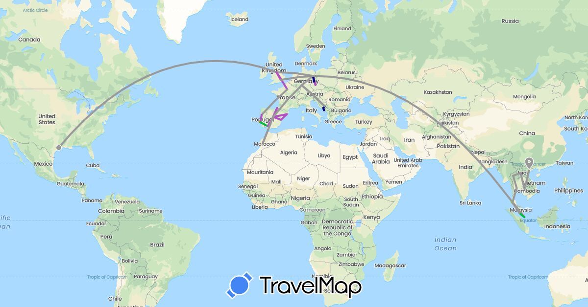 TravelMap itinerary: driving, bus, plane, train, hitchhiking, electric vehicle in Bosnia and Herzegovina, Czech Republic, Germany, Spain, France, United Kingdom, Croatia, Laos, Morocco, Malaysia, Portugal, Singapore, Thailand, United States (Africa, Asia, Europe, North America)